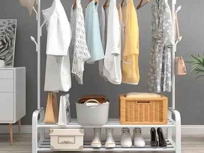 Metal Clothes Rack with 2 Storage Shelves with  Hooks