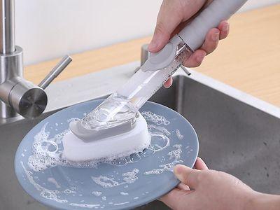 2-in-1 Long Handle Kitchen Cleaning Brush With 50ml Liquid Soap Dispenser