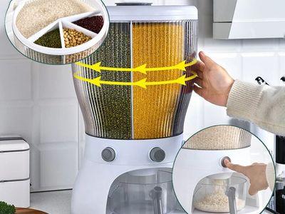 Rotating Rice Dispenser Container with Measuring Cup Press to Dispense Divided Design