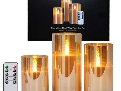 Flickering Flames LED Candle with Gold Glass Holder Set(3 Pack) Electronic Candle