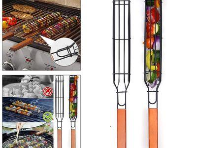 Portable Stainless Barbecue Grill Basket with Wooden Handle, Perfect BBQ Grilling Cookware