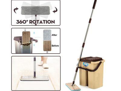 2 in 1 Scratch Mop with Bucket and Mop Pads Spin Mop - Self-Wash and Squeeze Dry Flat Mop