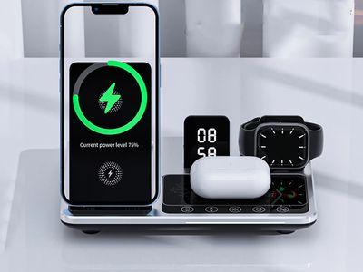 R11 Wireless Charging Station 4 in 1 wireless charger and holder to charge mobile, watch and AirPods at the same time with digital clock and LED light