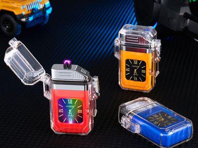 Transparent Colorful Flash Electronic Lighter Waterproof Real Watch Dual Arc Lighter Rechargeable USB Lighter