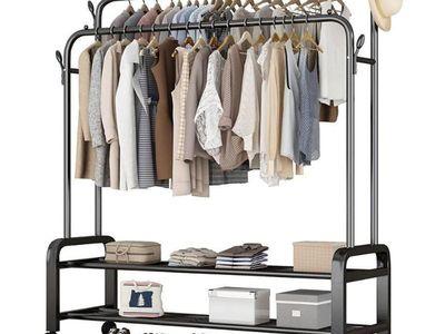 Double Clothes Rail Heavy Duty Metal Coat Stand Garment Rack with 4 Wheels and 2-Tier Lower Storage Shelf