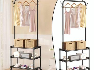 Clothes Stand with 3 Storage Shelves with Hangers for Bags and 4 Swivel Wheels