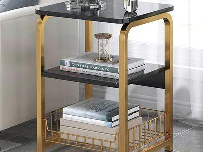 Modern Side Table with Two Shelves and Basket with a Sturdy Metal Frame