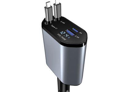 120W 4-in-1 Retractable Car Charger with 2 Charging Cables (Type-C + Lightning) and 2 Ports (Type-C + USB)