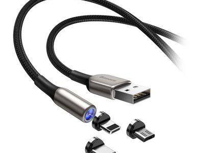 Baseus 3x1 Zinc Magnetic USB Cable with 3 Changeable Heads (Micro + Type C + Lightning) 1m long