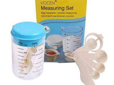 VOCEN Measuring Set of Egg Separator, Leveller, Measuring Spoons & Cup with Lid Cover (Strainer,Pourer) Ports