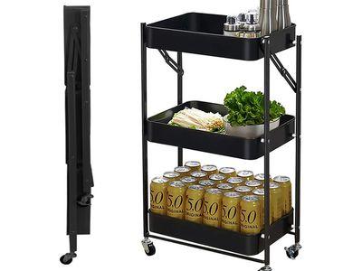 Foldable 3-Tier Metal Utility Rolling Cart Heavy Duty Metal Storage Organizer Mobile Rolling Cart with Caster Wheels Trolley with Shelving Rack 