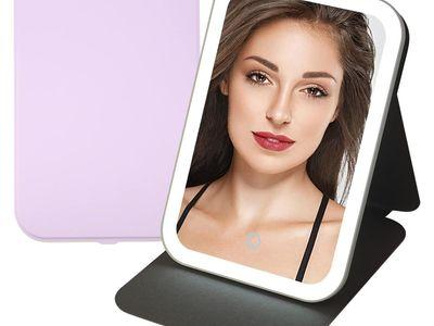 Lighted Makeup Mirror with Folding Lid 3 Color Modes Rechargeable 360 Degree Rotation