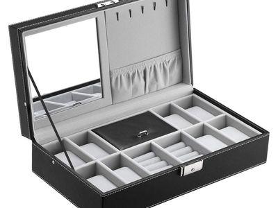 Watch and Accessories Organizer Box 10 Compartments, with Mirror and Side Hangers for Chains