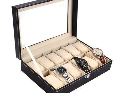 Leather Watch & Jewelry Organizer Box 12 Slot with Removable Velvet Cushions Unique Design