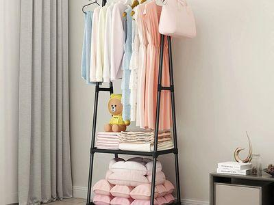 Triangle Clothes Stand with Two Storage Shelves and Wheels