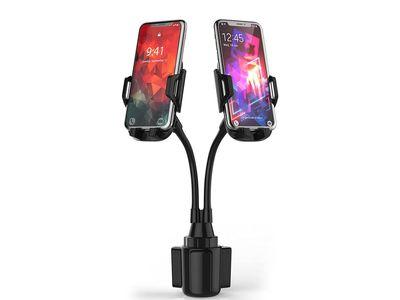 Dual Phone Holder for Car Cup Holder Long Flexible Neck, 360° Rotatable Car Phone Holder