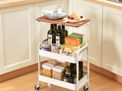 Versatile Rolling Cart with 3-layer Waterproof Wooden Table Top and Easy-to-Assemble